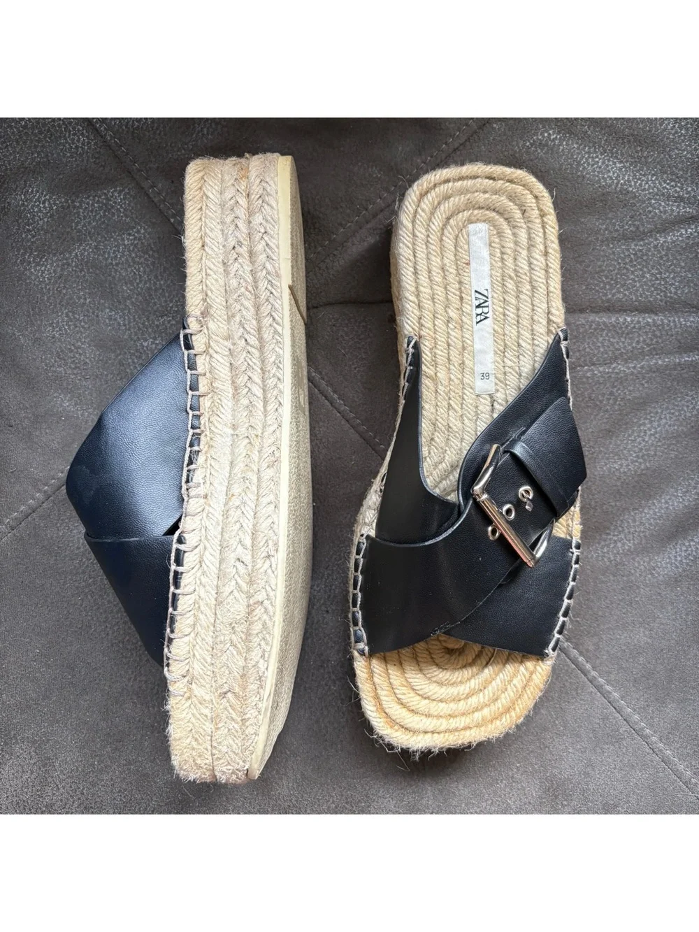 Zara Black Slip On Espadrille Platform Slide Sandals Strappy Chunky Flatform 8